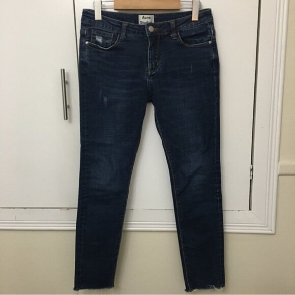 ACNE Studios Dark Wash Distressed Raw Hem Cropped Jeans - Picture 2 of 8
